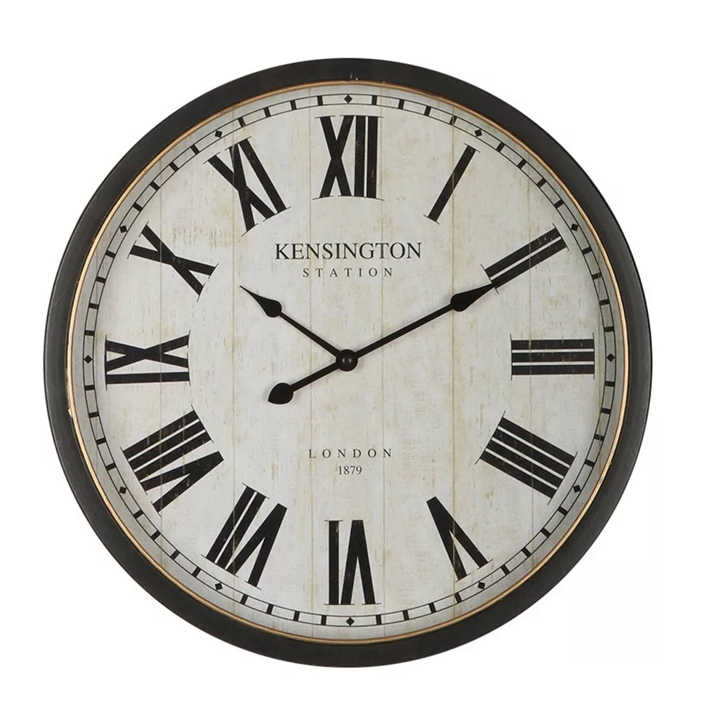 Linens & More Arthur wall clock with a Kensington Station face, black Roman numerals and a dark frame