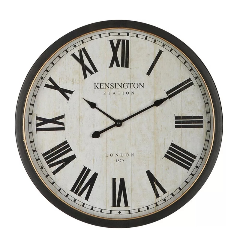Linens & More Arthur wall clock with a Kensington Station face, black Roman numerals and a dark frame