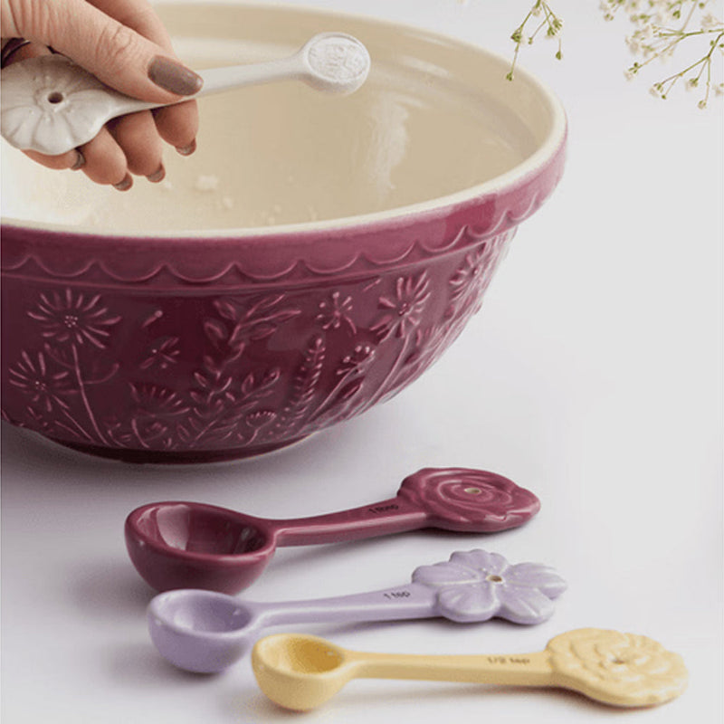 Mason Cash In the Meadow ceramic measuring spoon set in plum, lilac and yellow floral designs