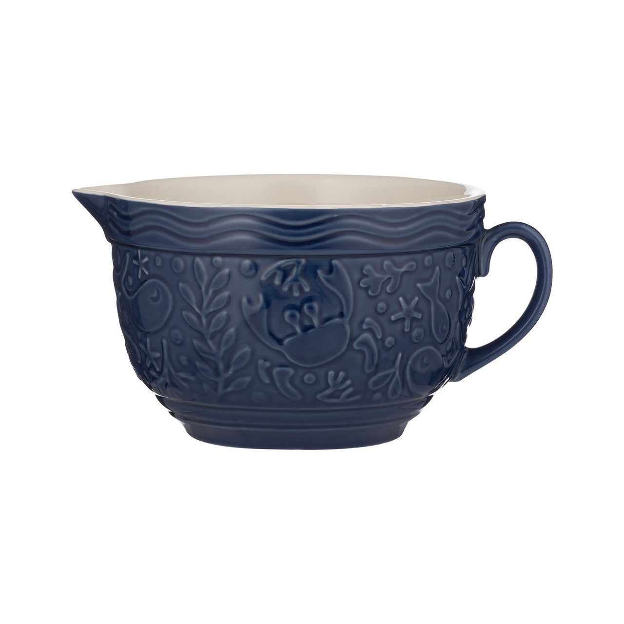 Blue ceramic mixing bowl with decorative patterns on a white background
