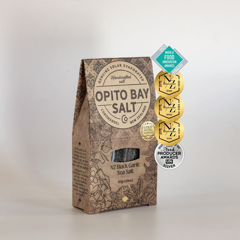 Opito Bay Salt NZ Black Garlic Sea Salt, a 50g kraft pack with gold award medals