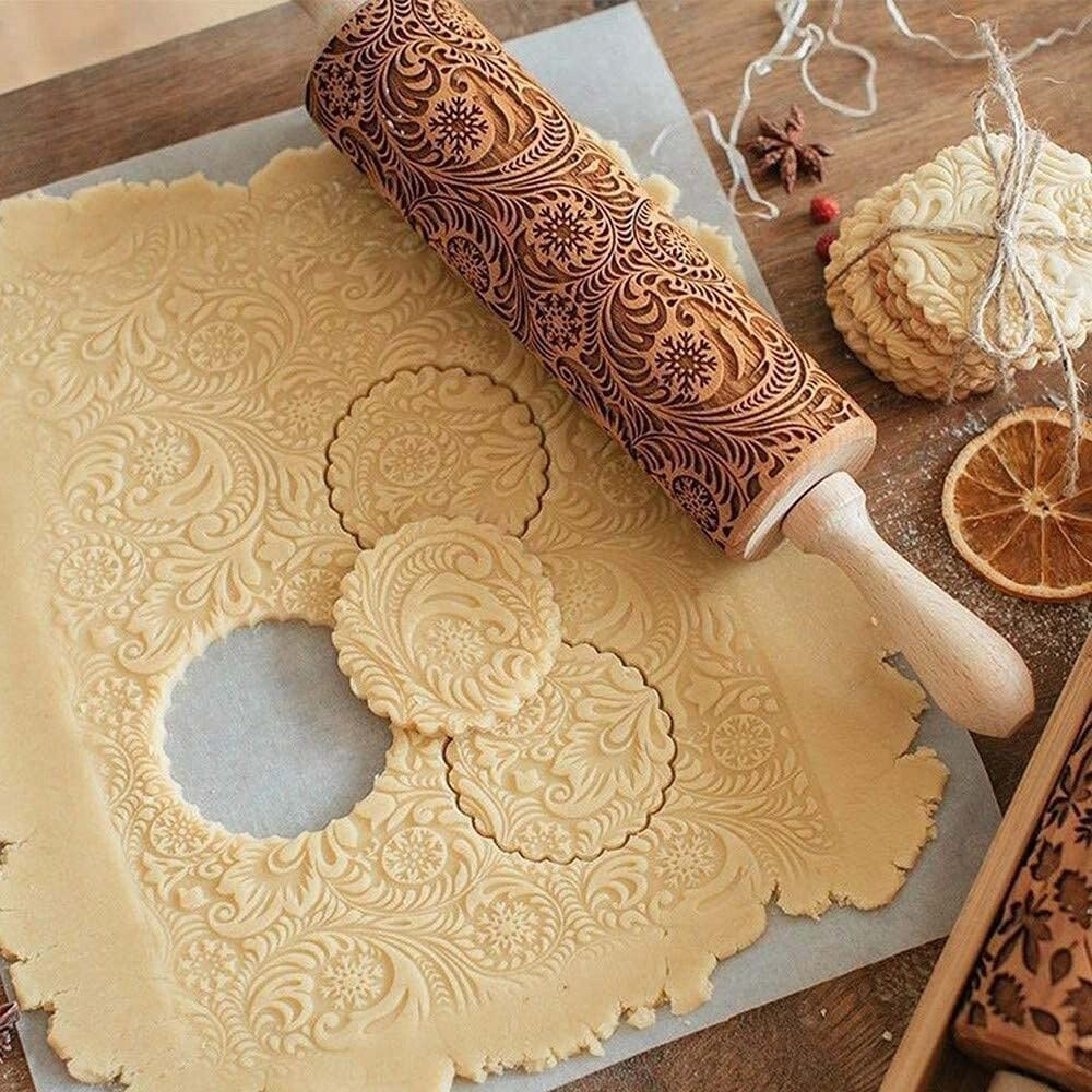 Uncle Zitos wooden engraved rolling pin with floral pattern cutting shaped cookies from dough
