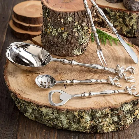 Old Mill Road elk slotted serving spoon with carved wooden handle