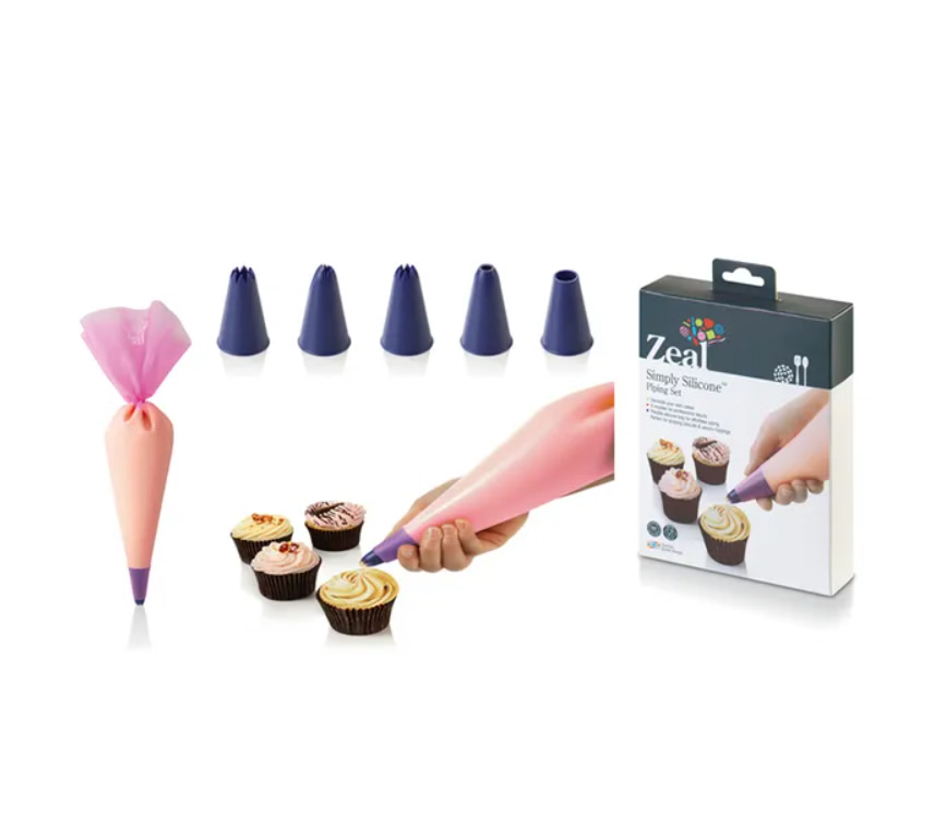 Zeal Simply Silicone piping set with pink icing bag, five nozzles and box, decorating mini cupcakes