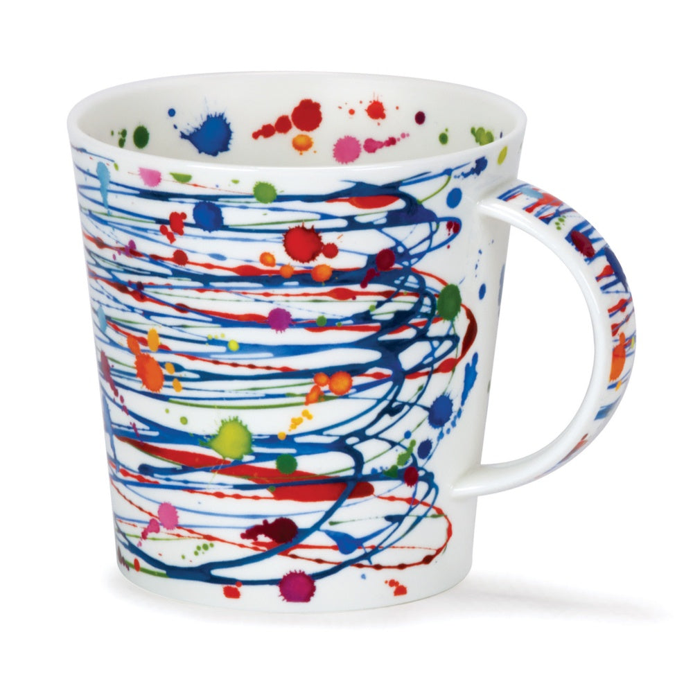 Dunoon Cairngorm Drizzle Blue mug with blue, red and multicoloured paint splatter lines