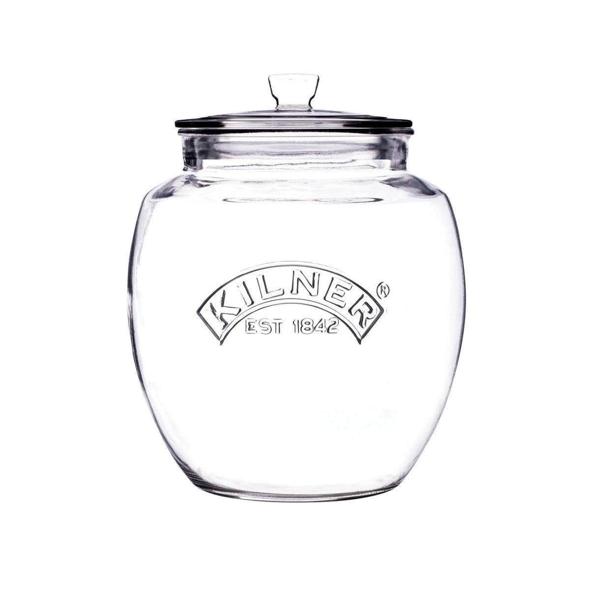 Kilner universal push top storage jar, 2 litre, in clear glass with a glass lid and embossed logo