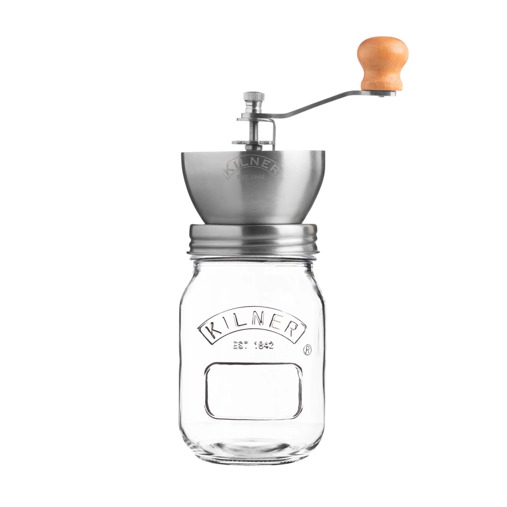 Kilner coffee grinder with a hand crank, a steel hopper and a glass jar base