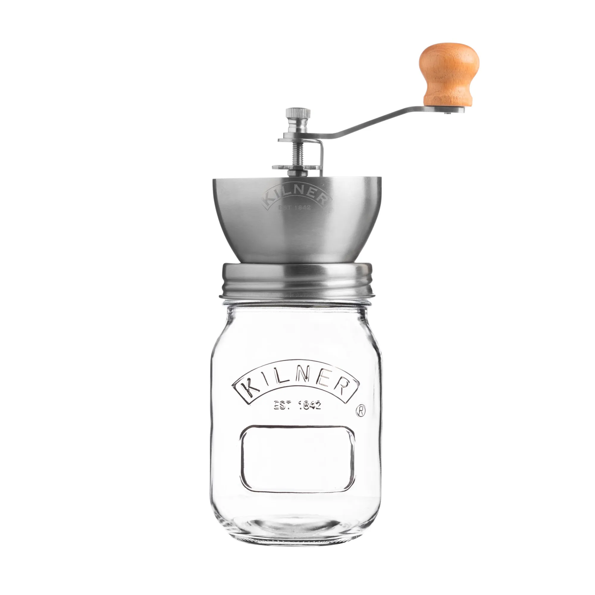 Kilner coffee grinder with a hand crank, a steel hopper and a glass jar base
