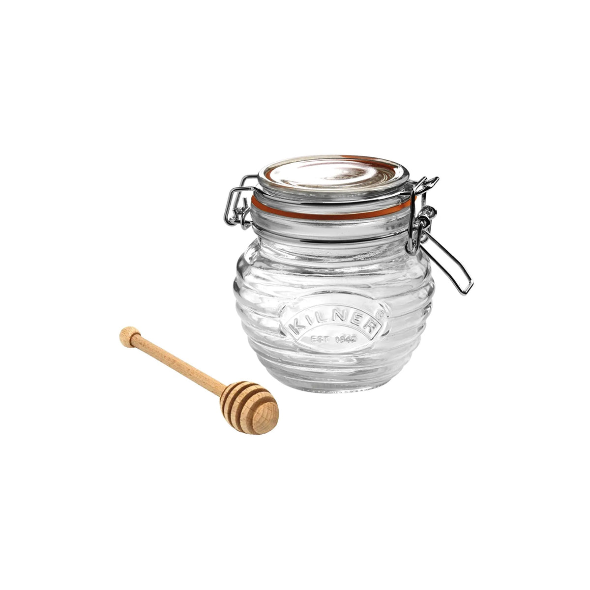 Kilner honey pot with drizzler, a ribbed glass jar with a clip lid and a wooden honey dipper