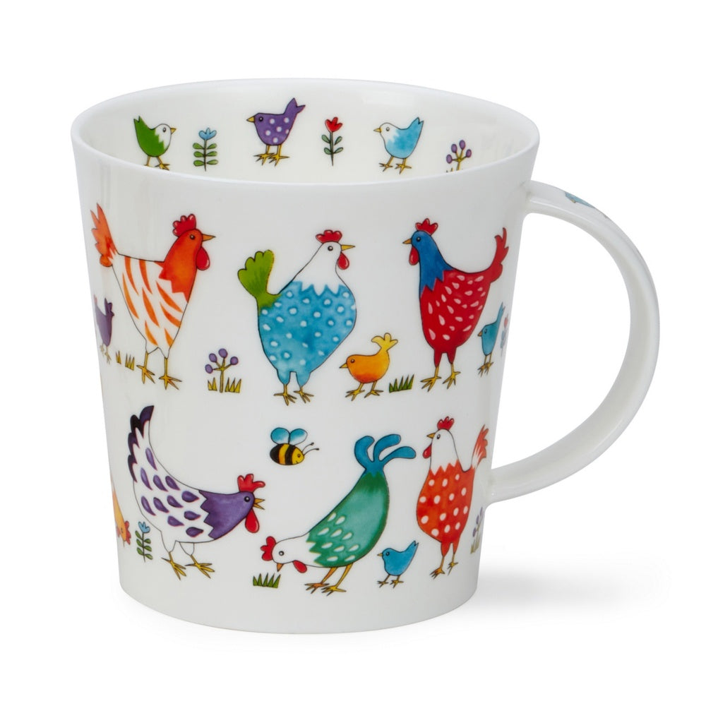 Dunoon Cairngorm Bright Bunch mug decorated with colourful chickens, chicks and a bumble bee