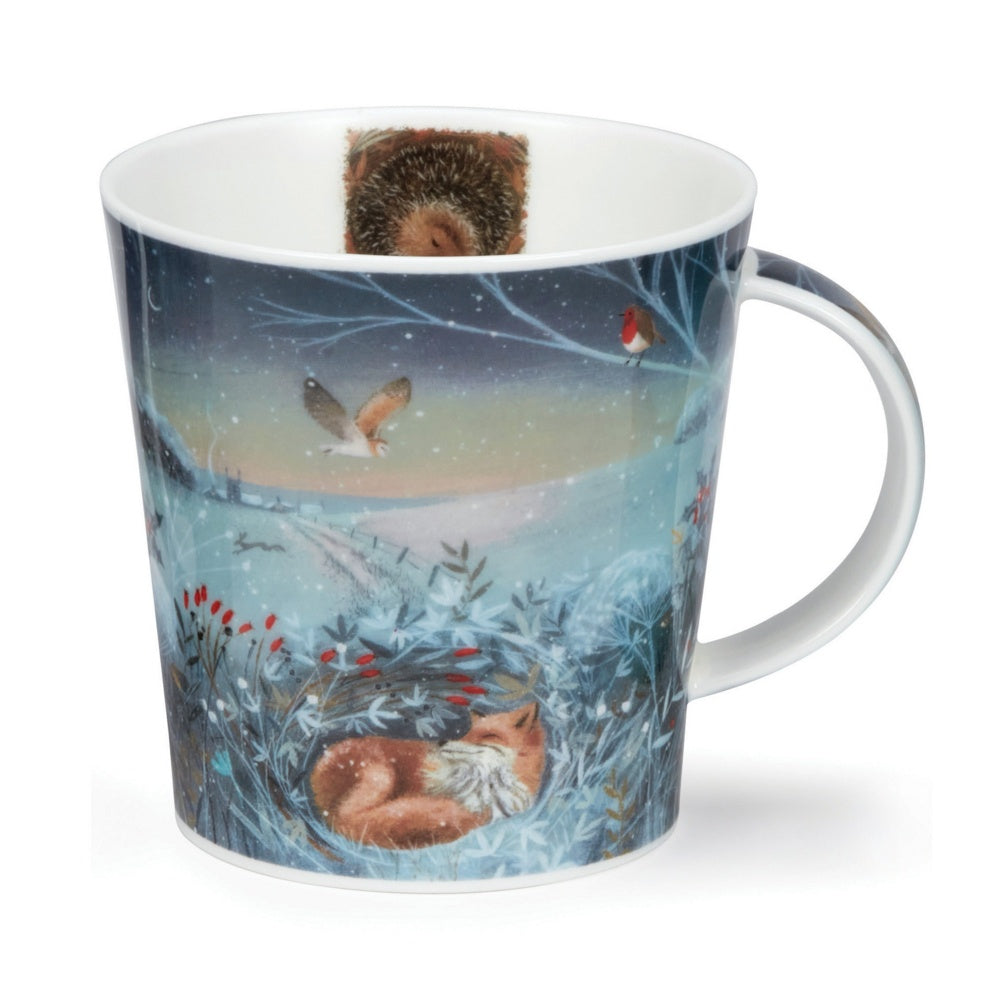 Dunoon Cairngorm Twilight Fox mug with a snowy woodland scene of a fox, an owl and a hedgehog