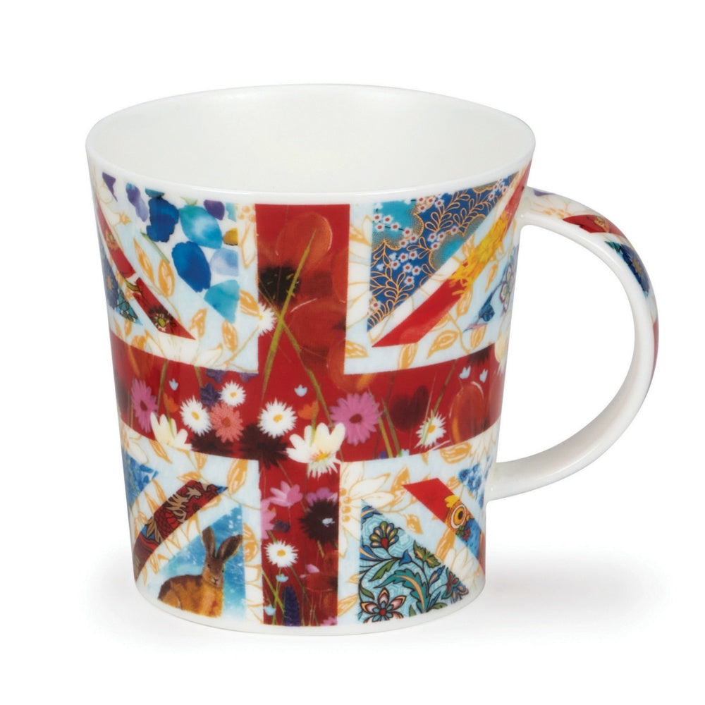 Dunoon Lomond Fly The Flag mug with a Union Jack design made of flowers, birds and patterns