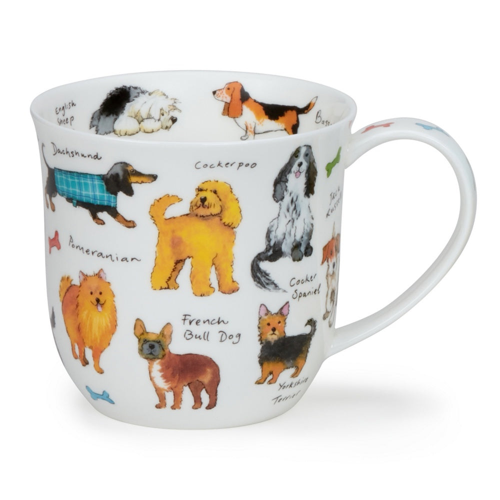 Dunoon Cumbrae mug decorated with illustrated dog breeds and their names