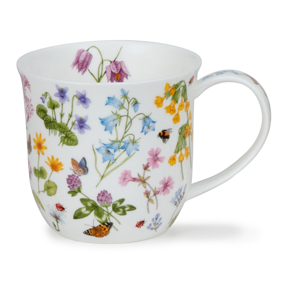 Dunoon Cumbrae mug with wild flowers including harebells, clover, and butterflies