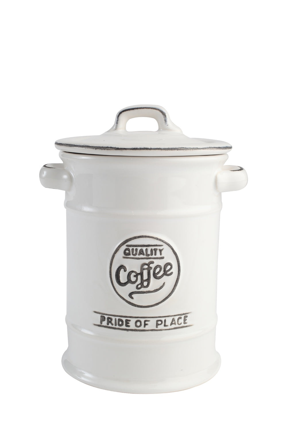 T & G Pride of Place coffee jar in white ceramic with a lid and Quality Coffee lettering