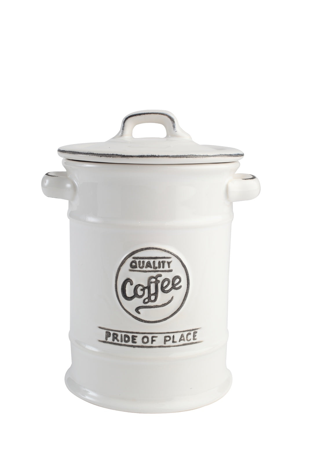 T & G Pride of Place coffee jar in white ceramic with a lid and Quality Coffee lettering