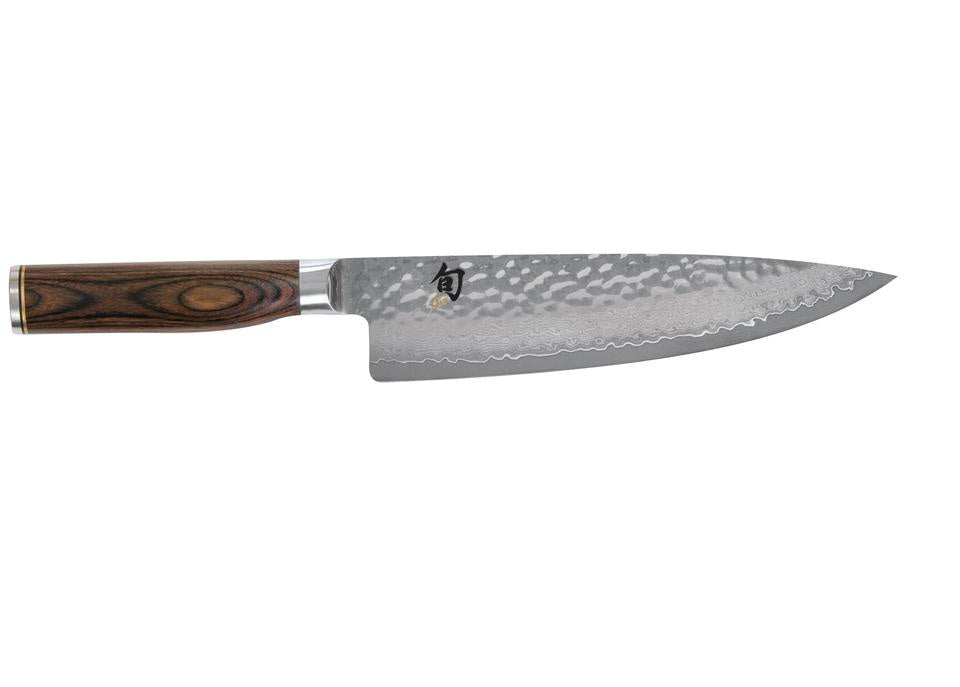Kai Shun Premier chef's knife, 20cm, with a hammered Damascus blade and a dark wood handle