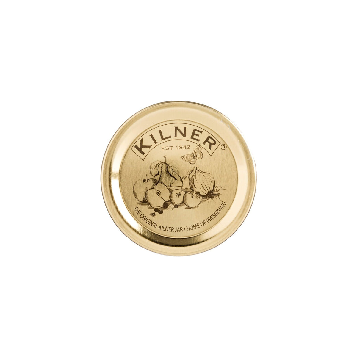 Kilner wide mouth lid seal in gold coloured metal with a Kilner logo