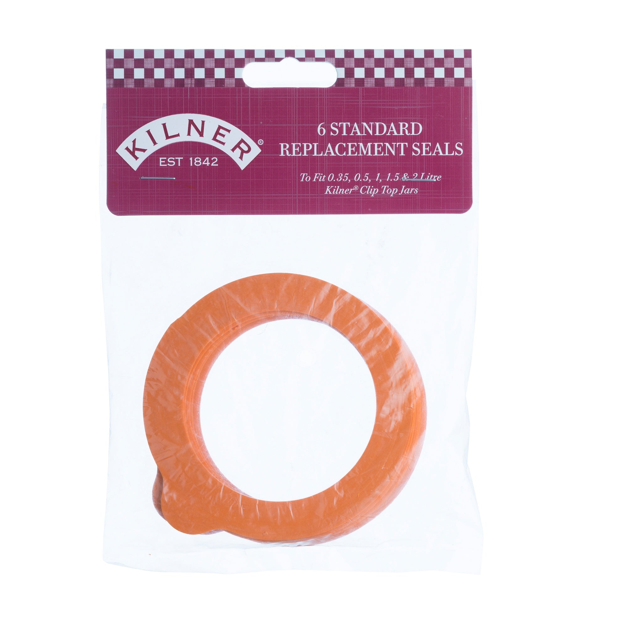 Kilner standard replacement seals, a set of six orange rubber rings, shown on their retail card