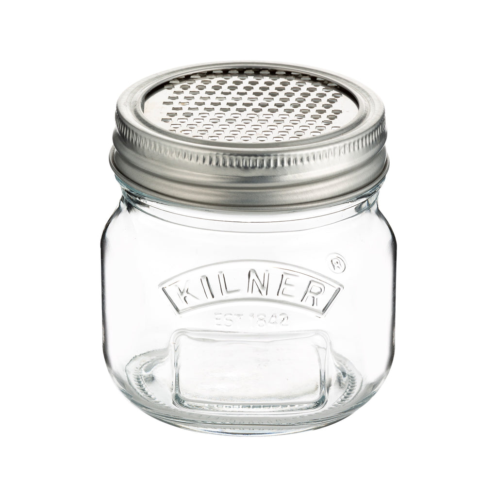 Kilner 250ml storage jar in clear glass with a stainless steel fine grater lid