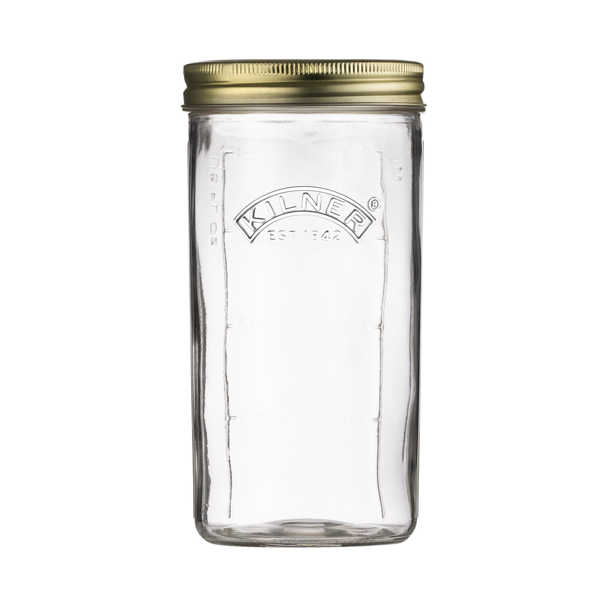 Kilner wide mouth preserve jar, 1 litre, in clear glass with a gold coloured lid