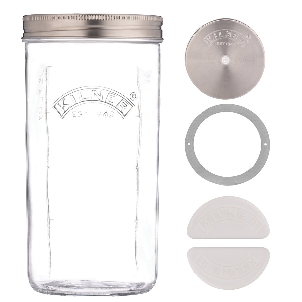 Kilner wide mouth fermentation set with a tall glass jar, a steel lid and airlock, and glass weights