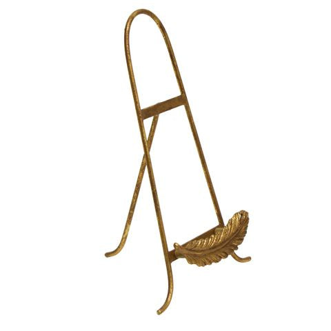 French Country Golden Feather plate stand in gold with an easel design