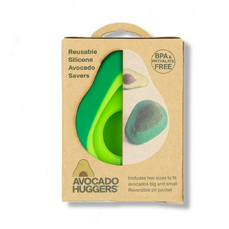 Food Huggers Avo Savers set of two green silicone avocado savers in their kraft box