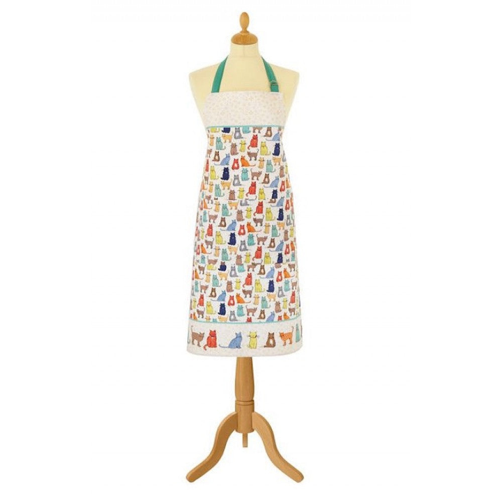 Ulster Weavers Catwalk cotton apron with an illustrated cat pattern, shown on a mannequin