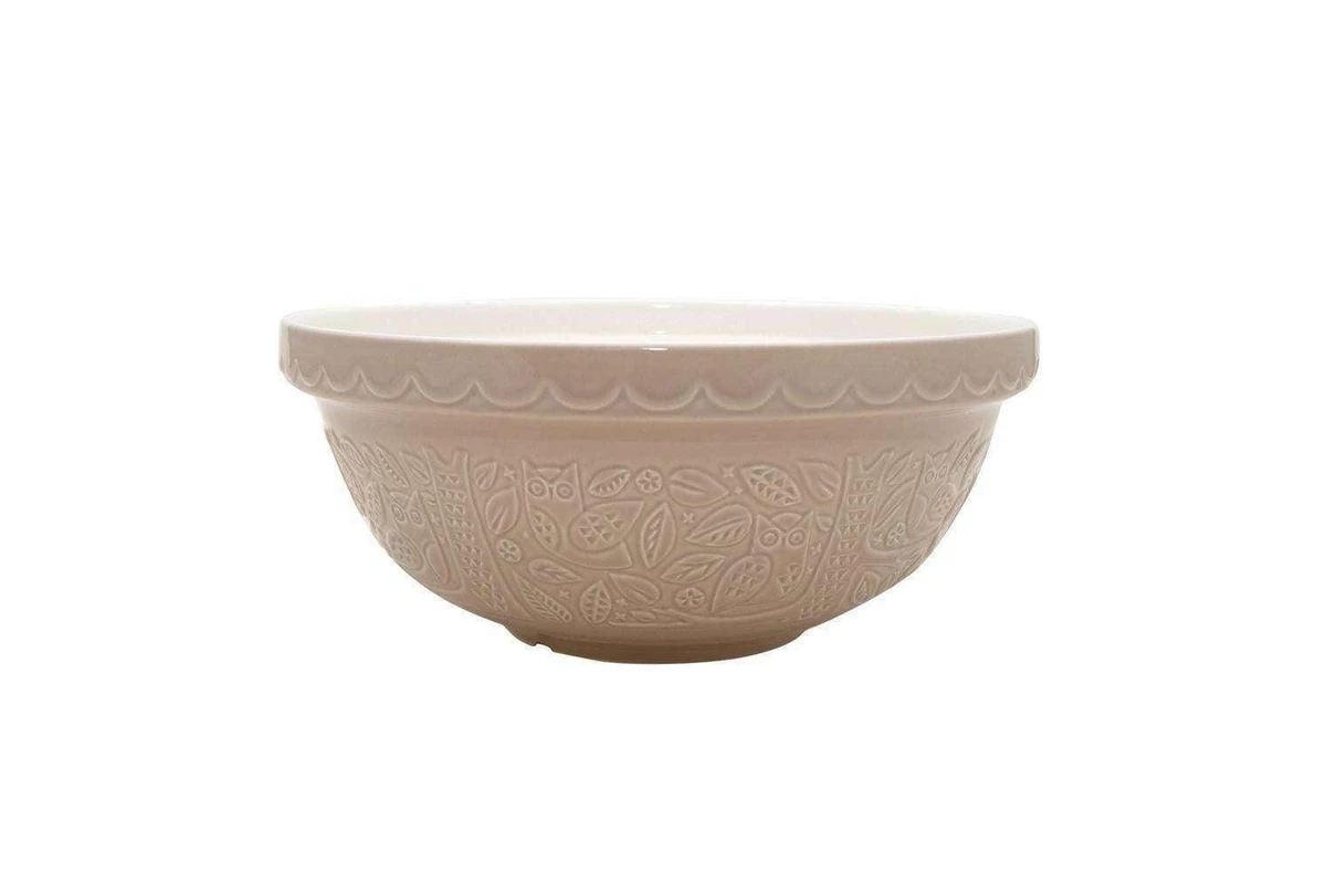 Mason Cash In The Forest mixing bowl in an owl design, pale beige with embossed woodland detail