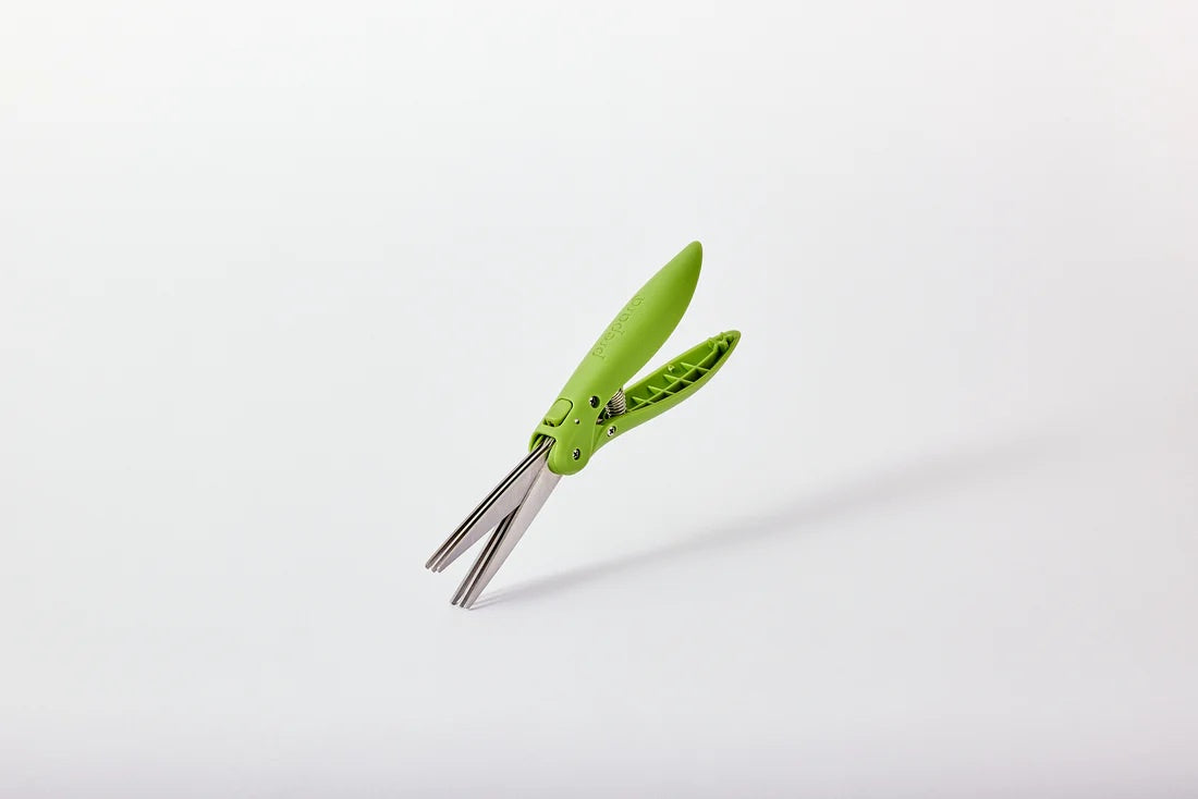 Prepara Herb Shears with lime green handles and twin stainless steel blades