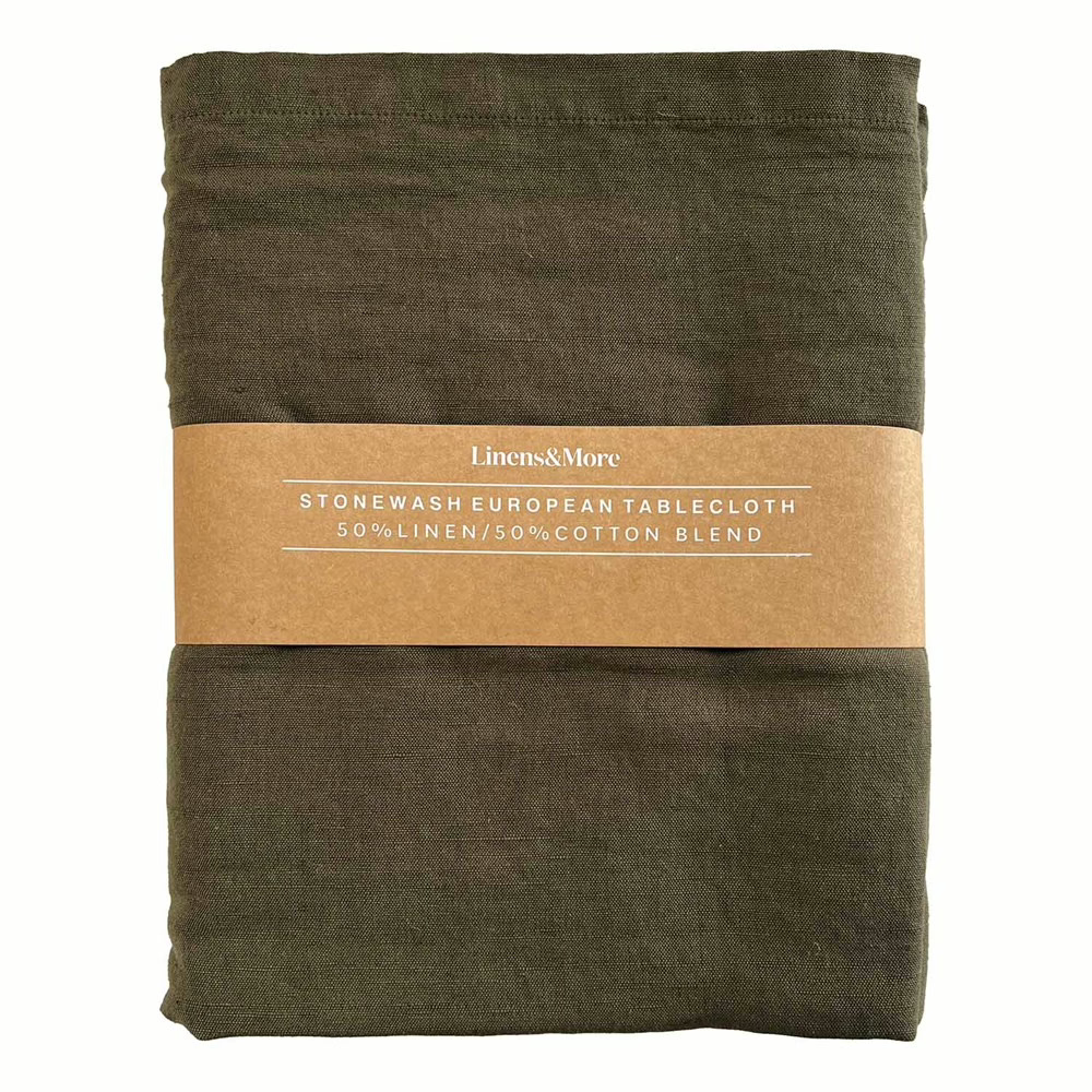 Linens & More Forage tablecloth in olive green stonewashed linen cotton blend, folded with its paper band