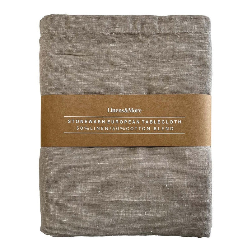 Linens & More stonewash European tablecloth in natural linen, shown folded with its band