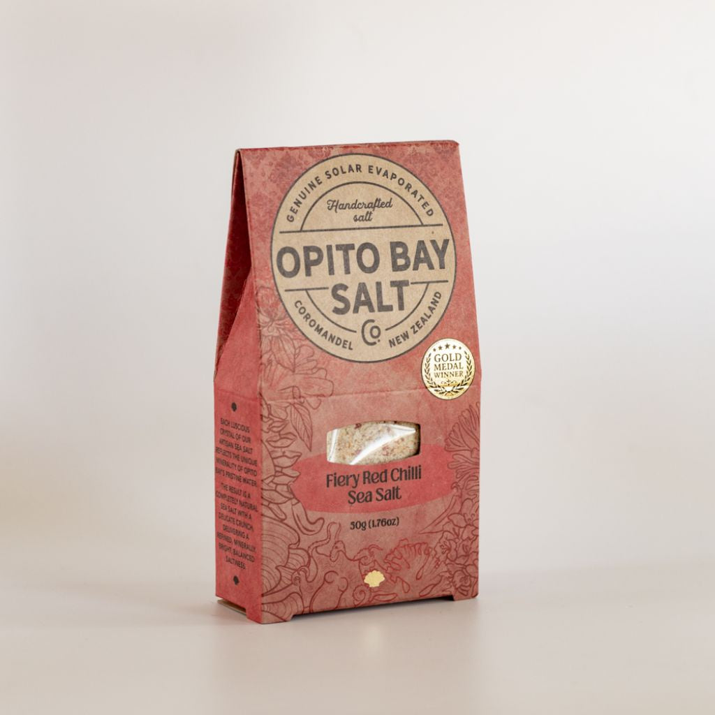 Opito Bay Salt Fiery Red Chilli sea salt, a 50g red kraft pack with a gold medal