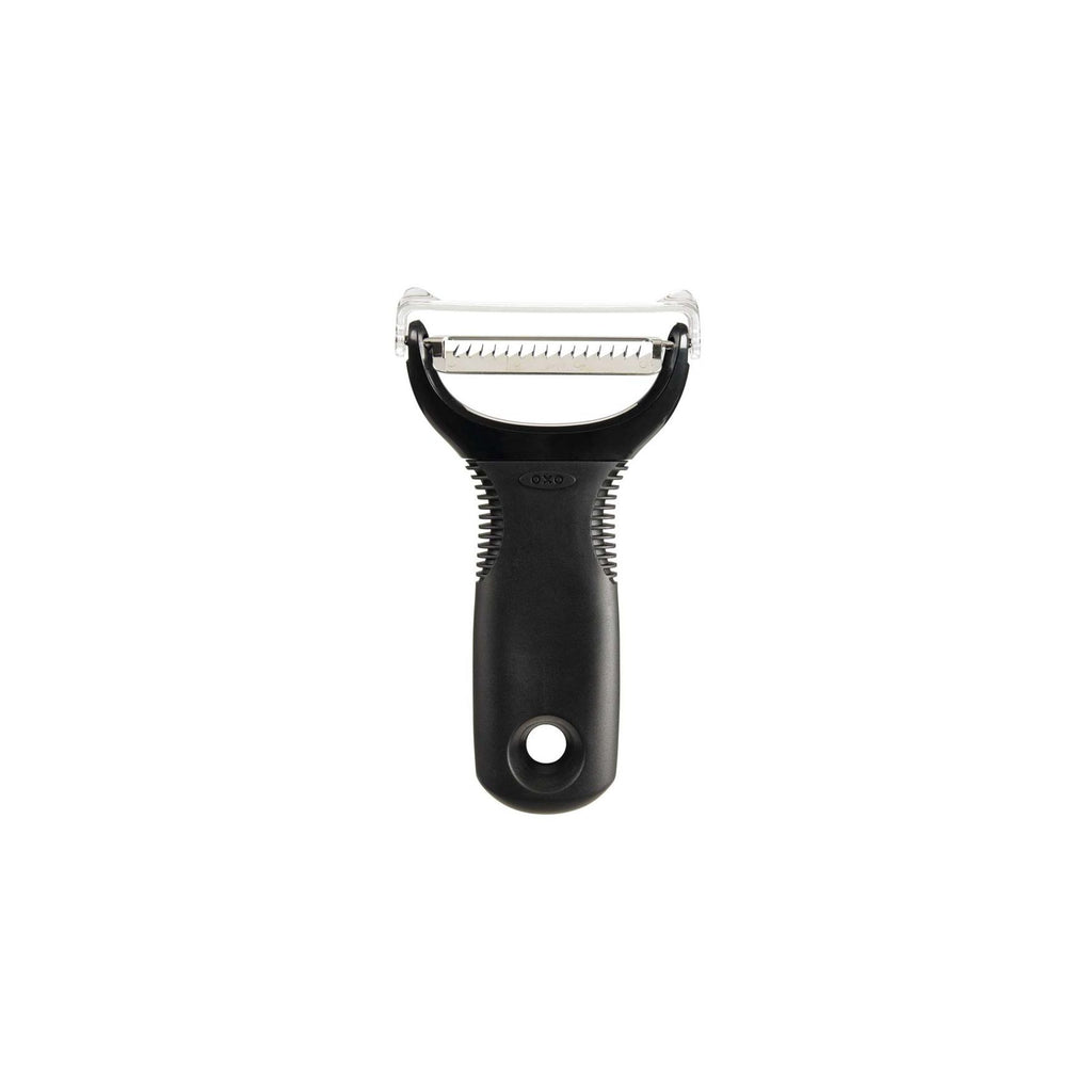 OXO Good Grips julienne peeler with a black handle and a serrated stainless steel blade
