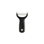 OXO Good Grips julienne peeler with a black handle and a serrated stainless steel blade