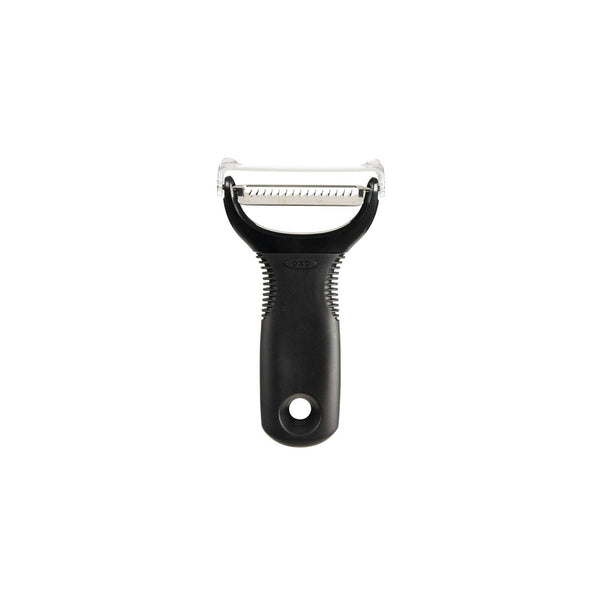 OXO Good Grips julienne peeler with a black handle and a serrated stainless steel blade
