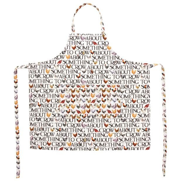 Emma Bridgewater Hen & Toast apron with a repeating pattern of hens and lettering