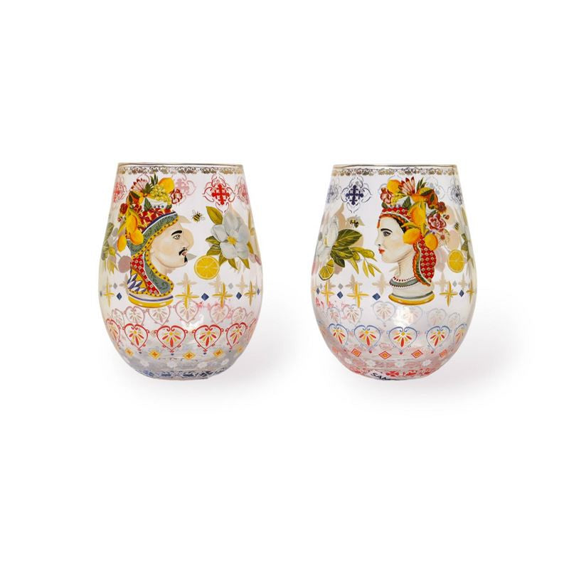 La La Land Italian Summer glass tumblers, a pair with painted Sicilian figure designs