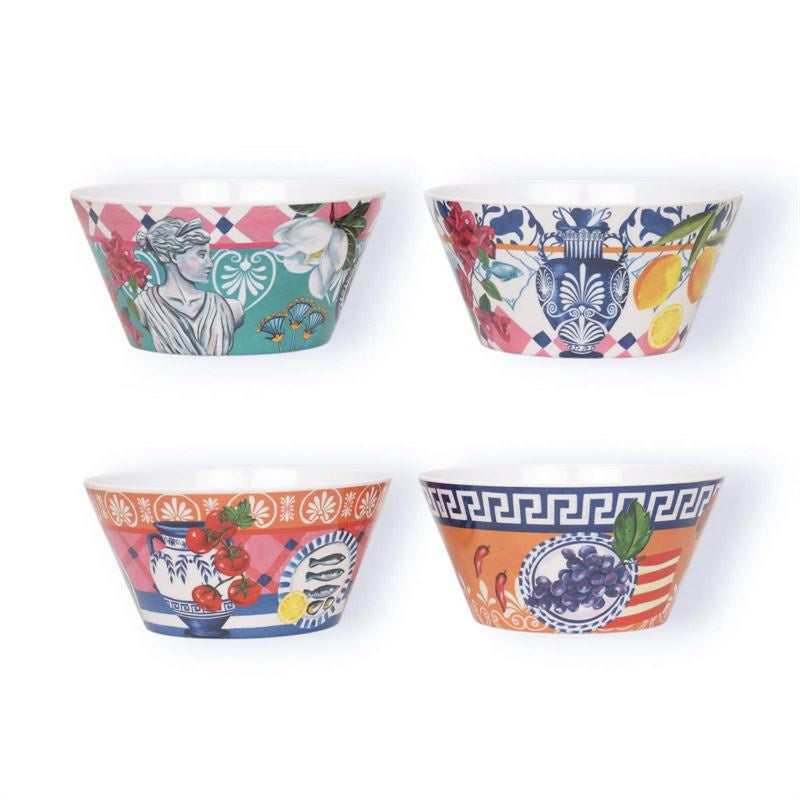 La La Land Mediterranean Summer melamine bowls, a set of four with busts, vases, tomatoes and grapes