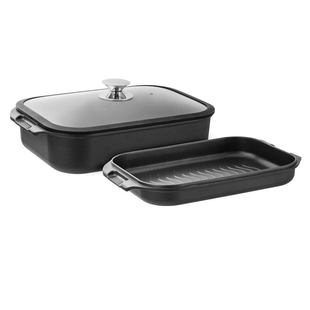 Pyrolux Ignite three piece double roaster and grill set in black with a glass lid and two pans