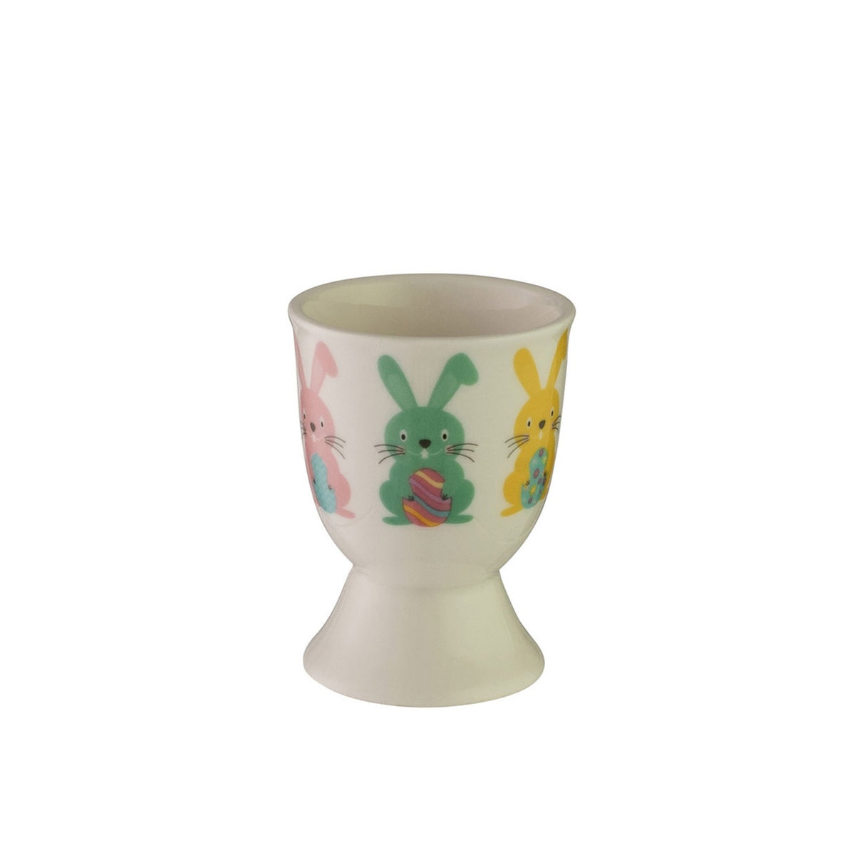 Avanti egg cup in cream with a pattern of coloured Easter bunnies holding eggs