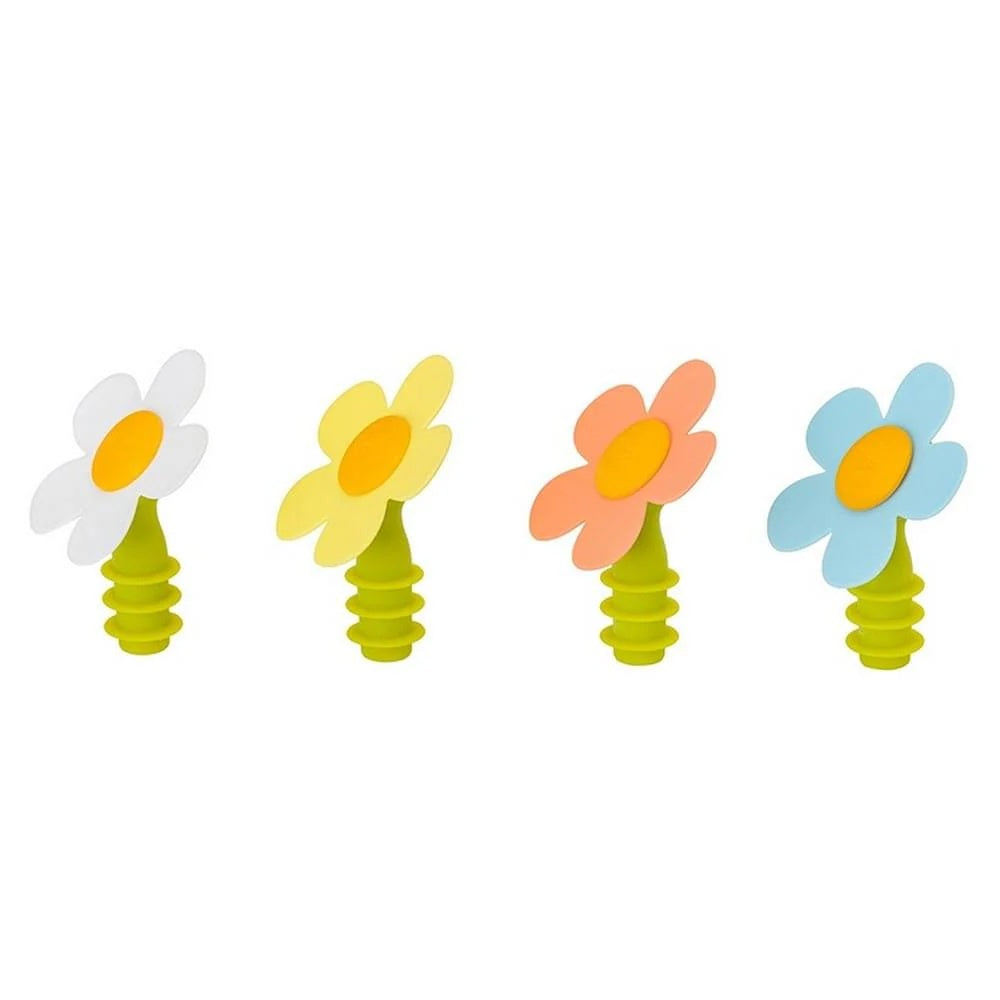 Vigar Flower Power silicone bottle stoppers in assorted colours shaped like daisies