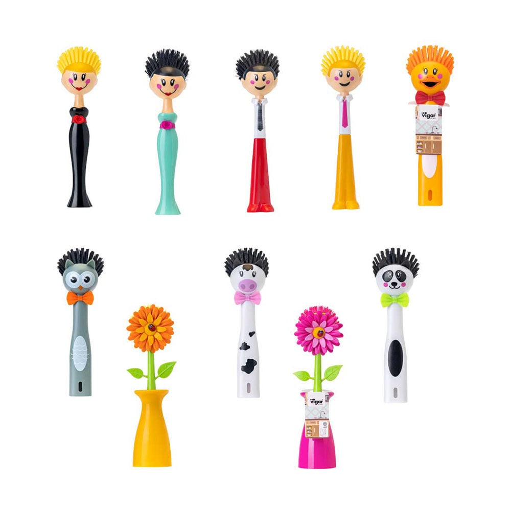 Vigar funny dish brushes, a set of novelty character-shaped brushes in assorted colours