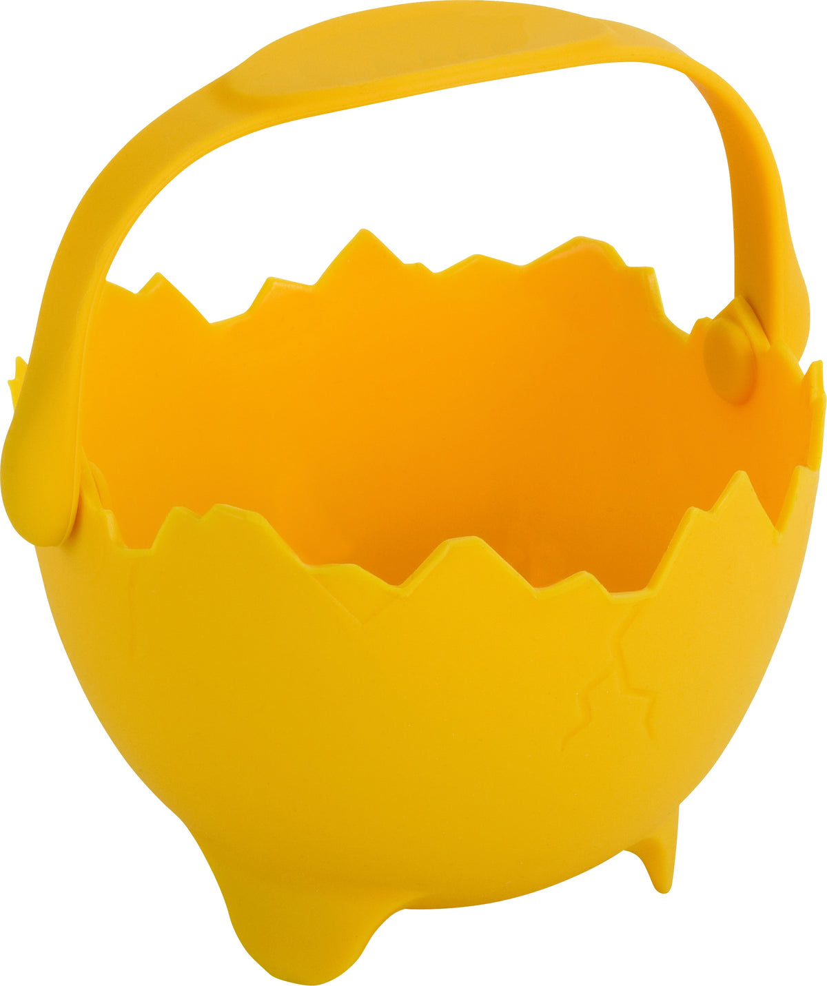 Avanti silicone egg poacher in yellow, shaped like a cracked eggshell with a carry handle and three feet