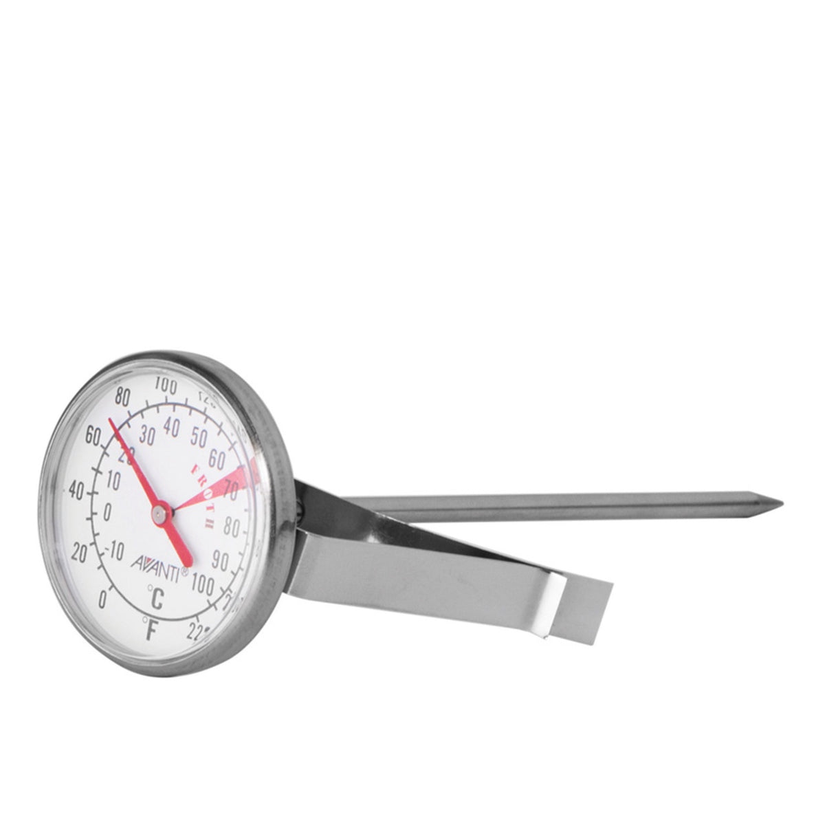 Avanti large dial frothing thermometer with a round dial, a probe and a pot clip