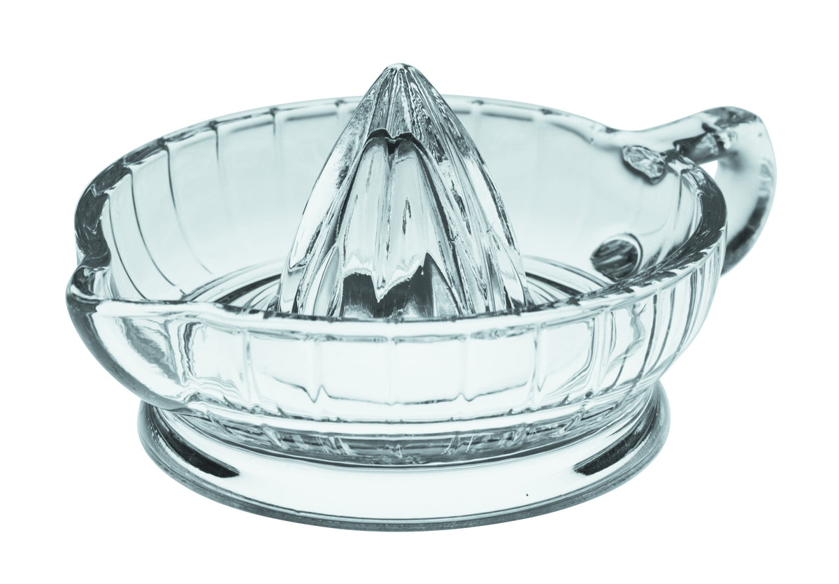 Avanti glass citrus juicer with a ribbed cone and a handle