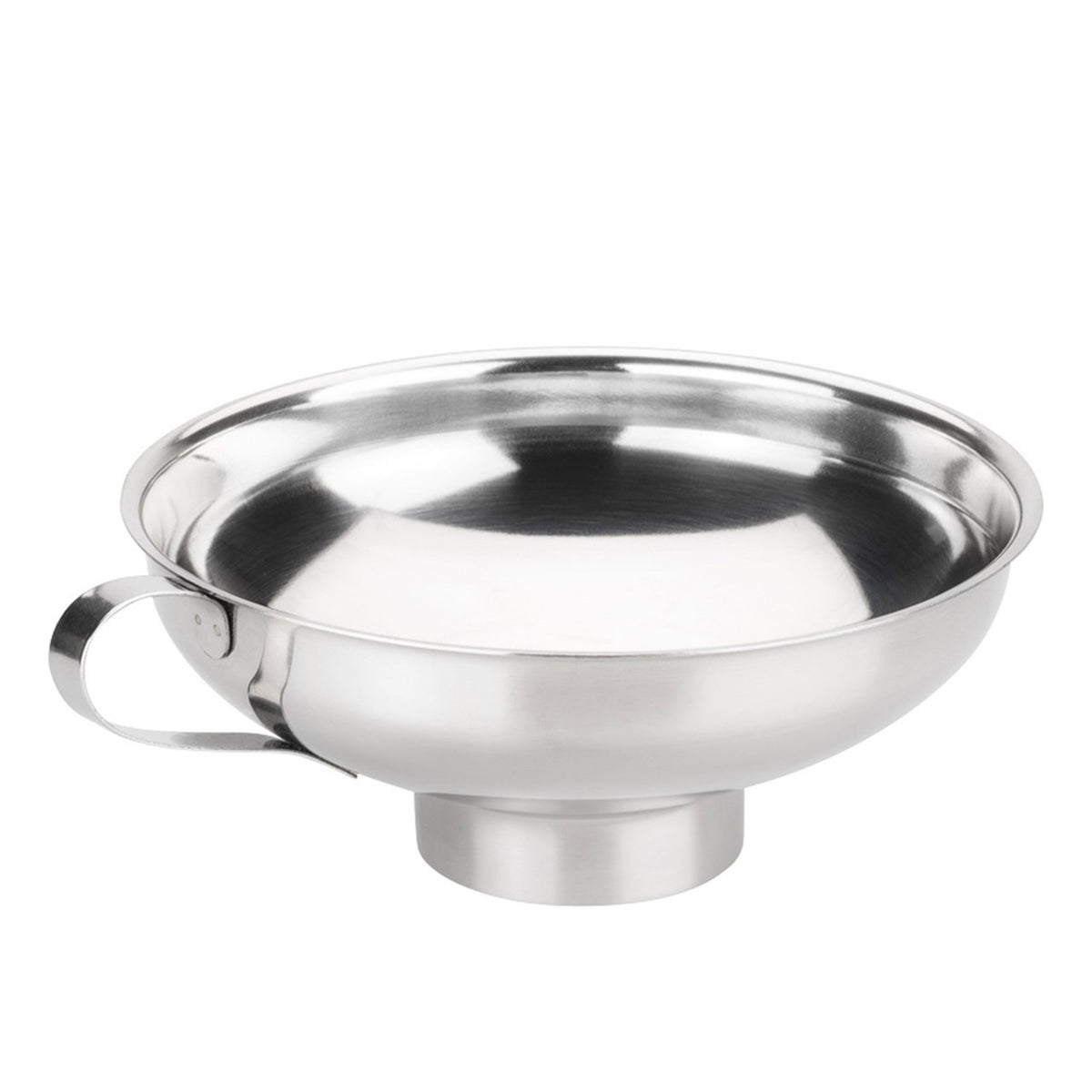 Avanti stainless steel jam funnel with a wide mouth and a side hook