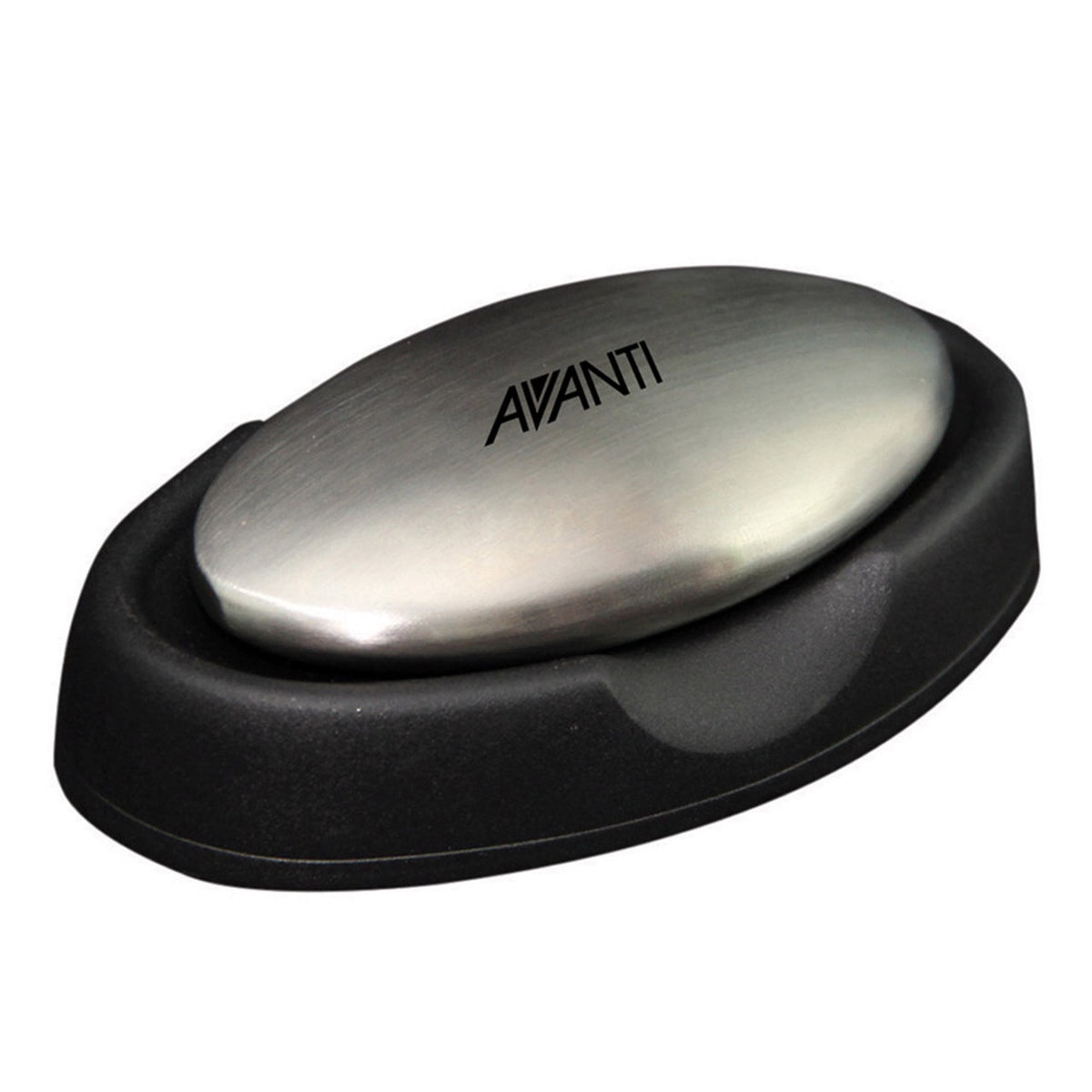 Avanti stainless steel soap bar with the Avanti logo, sitting on a black plastic tray