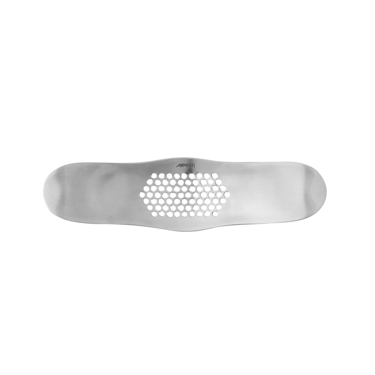 Avanti rocking garlic press in stainless steel with a perforated curved base